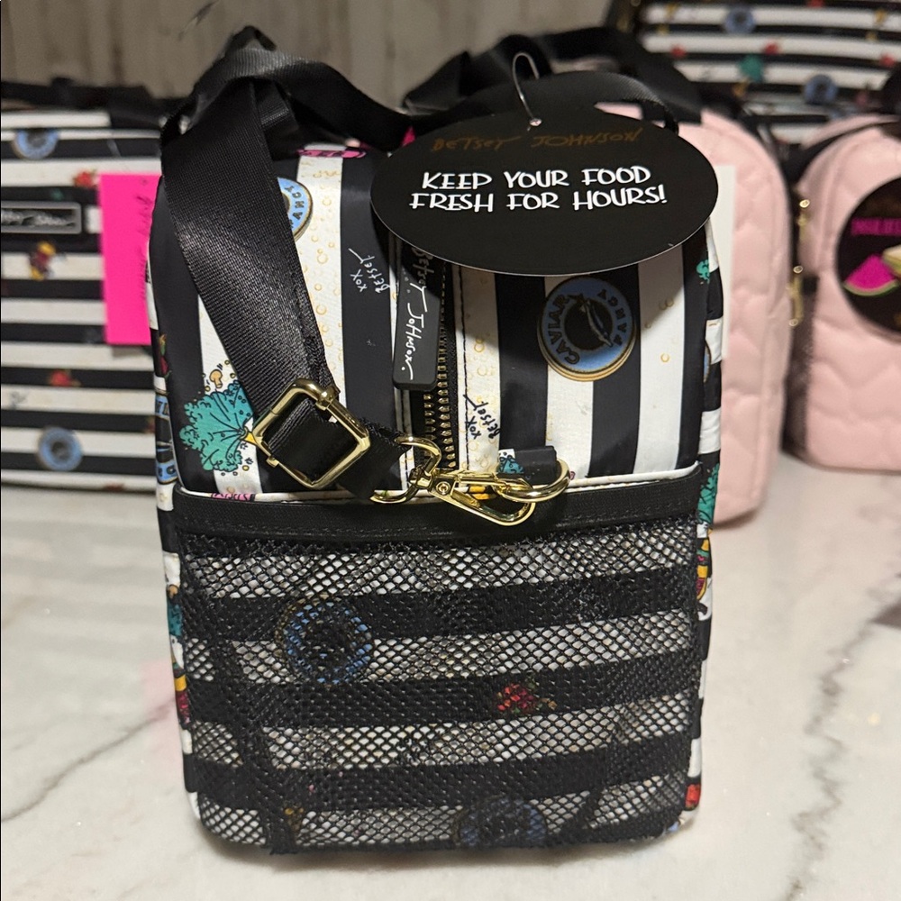 Betsey Johnson Black and White Striped Lunch Tote with Colorful Accents - Picture 3 of 7